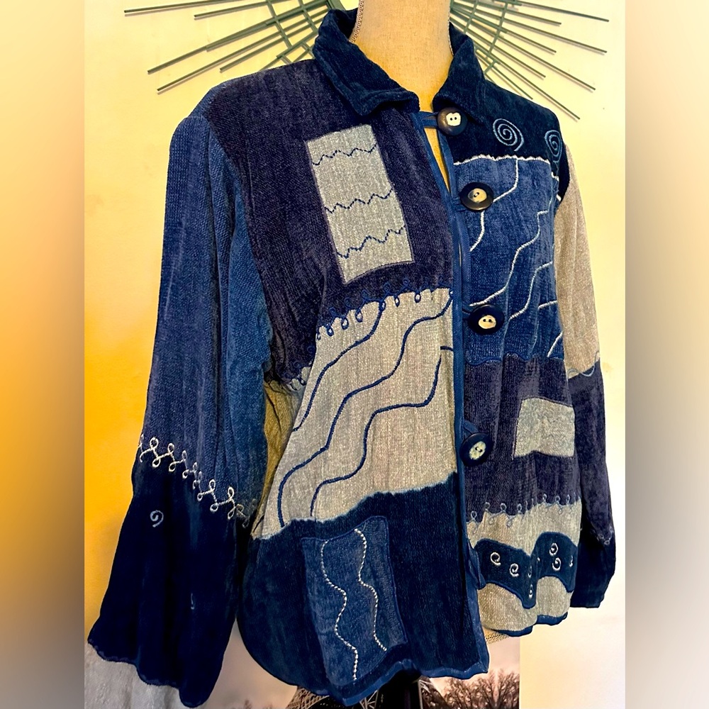 Vintage jacket M in blues & gray. Missing 1 button & embroidery on velvet feel